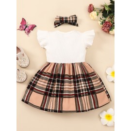 2pcs Infant Baby Girls Splicing Suspender Dress Fly Sleeve Bow Plaid Dress & Headband Set Toddler Clothes