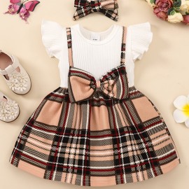 2pcs Infant Baby Girls Splicing Suspender Dress Fly Sleeve Bow Plaid Dress & Headband Set Toddler Clothes