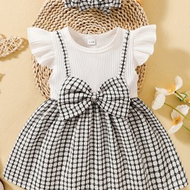 2pcs Infant Baby Girls Splicing Suspender Dress Fly Sleeve Bow Plaid Dress & Headband Set Toddler Clothes