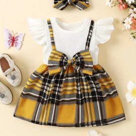 2pcs Infant Baby Girls Splicing Suspender Dress Fly Sleeve Bow Plaid Dress & Headband Set Toddler Clothes