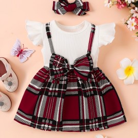 2pcs Infant Baby Girls Splicing Suspender Dress Fly Sleeve Bow Plaid Dress & Headband Set Toddler Clothes