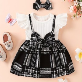 2pcs Infant Baby Girls Splicing Suspender Dress Fly Sleeve Bow Plaid Dress & Headband Set Toddler Clothes