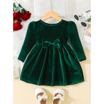 Toddler Baby Girls Cute  Warm Velvet Pleated Bow Dress Long Sleeve Dress Christmas Party Dress