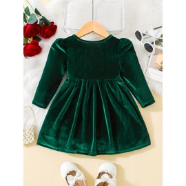 Toddler Baby Girls Cute  Warm Velvet Pleated Bow Dress Long Sleeve Dress Christmas Party Dress