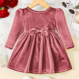 Toddler Baby Girls Cute  Warm Velvet Pleated Bow Dress Long Sleeve Dress Christmas Party Dress