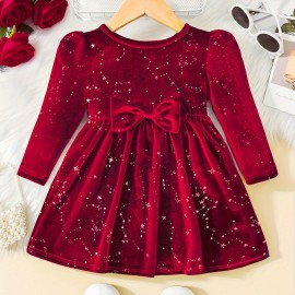 Toddler Baby Girls Cute  Warm Velvet Pleated Bow Dress Long Sleeve Dress Christmas Party Dress