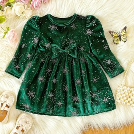 Toddler Baby Girls Cute  Warm Velvet Pleated Bow Dress Long Sleeve Dress Christmas Party Dress