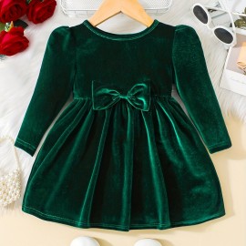 Toddler Baby Girls Cute  Warm Velvet Pleated Bow Dress Long Sleeve Dress Christmas Party Dress