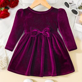 Toddler Baby Girls Cute  Warm Velvet Pleated Bow Dress Long Sleeve Dress Christmas Party Dress