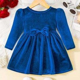 Toddler Baby Girls Cute  Warm Velvet Pleated Bow Dress Long Sleeve Dress Christmas Party Dress