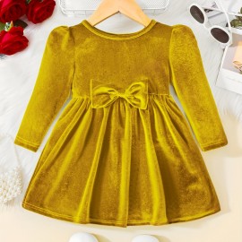 Toddler Baby Girls Cute  Warm Velvet Pleated Bow Dress Long Sleeve Dress Christmas Party Dress