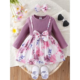 European And American Baby Girl Fake Two-piece Flower Printed Bow Dress