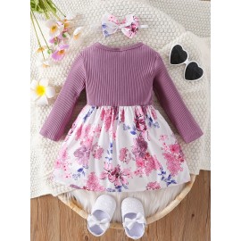 European And American Baby Girl Fake Two-piece Flower Printed Bow Dress