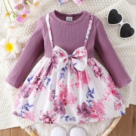 European And American Baby Girl Fake Two-piece Flower Printed Bow Dress