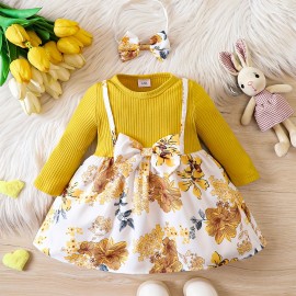 European And American Baby Girl Fake Two-piece Flower Printed Bow Dress