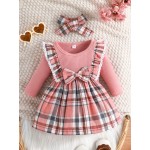 Baby Girl's Adorable Ruffle Trim Plaid Stitching Long Sleeve Dress + Headband Set