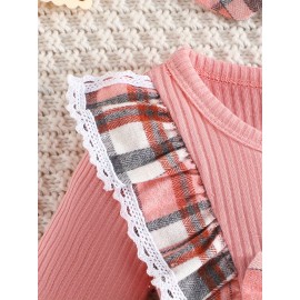 Baby Girl's Adorable Ruffle Trim Plaid Stitching Long Sleeve Dress + Headband Set