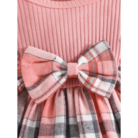 Baby Girl's Adorable Ruffle Trim Plaid Stitching Long Sleeve Dress + Headband Set