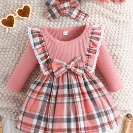 Baby Girl's Adorable Ruffle Trim Plaid Stitching Long Sleeve Dress + Headband Set