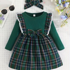 Baby Girl's Adorable Ruffle Trim Plaid Stitching Long Sleeve Dress + Headband Set