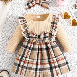 Baby Girl's Adorable Ruffle Trim Plaid Stitching Long Sleeve Dress + Headband Set