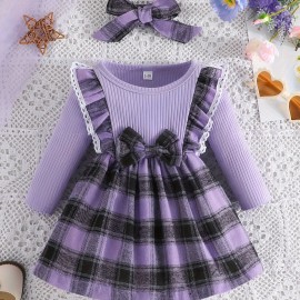 Baby Girl's Adorable Ruffle Trim Plaid Stitching Long Sleeve Dress + Headband Set