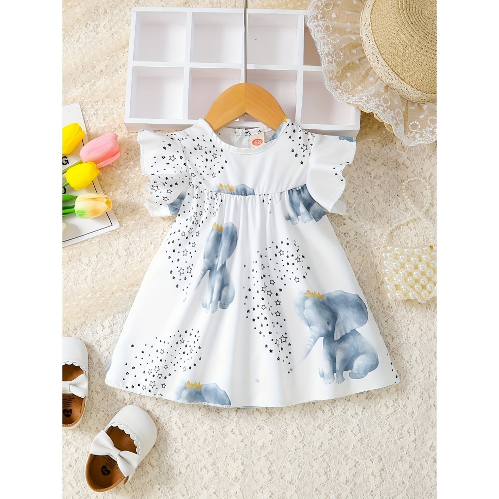 Baby Cute Star Elephant Print Small Flutter Sleeve Dress Comfy Summer Crew Neck Clothes