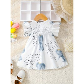 Baby Cute Star Elephant Print Small Flutter Sleeve Dress Comfy Summer Crew Neck Clothes