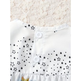 Baby Cute Star Elephant Print Small Flutter Sleeve Dress Comfy Summer Crew Neck Clothes