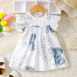 Baby Cute Star Elephant Print Small Flutter Sleeve Dress Comfy Summer Crew Neck Clothes