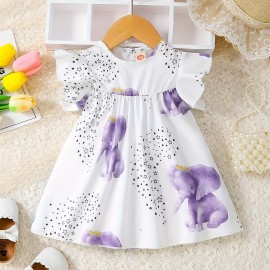 Baby Cute Star Elephant Print Small Flutter Sleeve Dress Comfy Summer Crew Neck Clothes