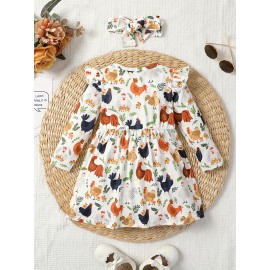 2pcs Girls Casual Animal Random Full Print Frill Trim Flying Sleeve Round Neck Casual Dress