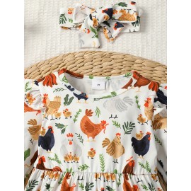 2pcs Girls Casual Animal Random Full Print Frill Trim Flying Sleeve Round Neck Casual Dress