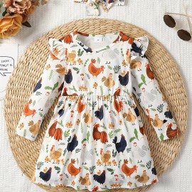 2pcs Girls Casual Animal Random Full Print Frill Trim Flying Sleeve Round Neck Casual Dress