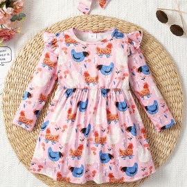 2pcs Girls Casual Animal Random Full Print Frill Trim Flying Sleeve Round Neck Casual Dress