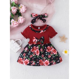 Baby Girls Cute Casual Ruffled Stitching Flower Ribbed Dress & Bow Headband Set For Summer Holiday