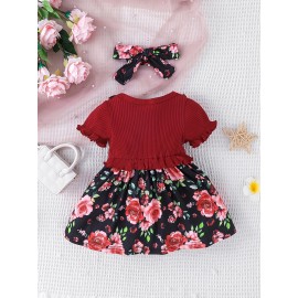 Baby Girls Cute Casual Ruffled Stitching Flower Ribbed Dress & Bow Headband Set For Summer Holiday