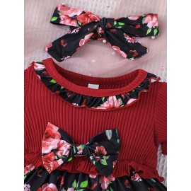 Baby Girls Cute Casual Ruffled Stitching Flower Ribbed Dress & Bow Headband Set For Summer Holiday