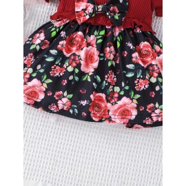 Baby Girls Cute Casual Ruffled Stitching Flower Ribbed Dress & Bow Headband Set For Summer Holiday