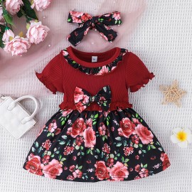 Baby Girls Cute Casual Ruffled Stitching Flower Ribbed Dress & Bow Headband Set For Summer Holiday