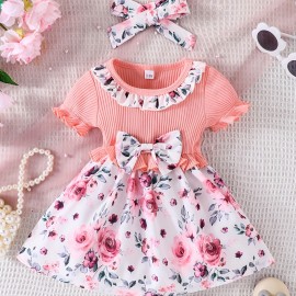 Baby Girls Cute Casual Ruffled Stitching Flower Ribbed Dress & Bow Headband Set For Summer Holiday