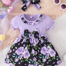 Baby Girls Cute Casual Ruffled Stitching Flower Ribbed Dress & Bow Headband Set For Summer Holiday