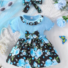 Baby Girls Cute Casual Ruffled Stitching Flower Ribbed Dress & Bow Headband Set For Summer Holiday