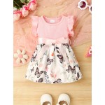 Baby Girls Cute Butterfly Graphic Print Ruffled Sleeve Belted Dress, Kids Summer Comfortable Clothes