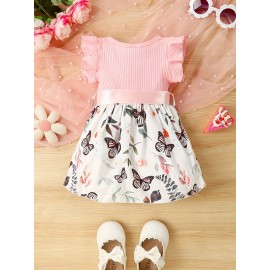 Baby Girls Cute Butterfly Graphic Print Ruffled Sleeve Belted Dress, Kids Summer Comfortable Clothes