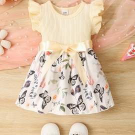 Baby Girls Cute Butterfly Graphic Print Ruffled Sleeve Belted Dress, Kids Summer Comfortable Clothes