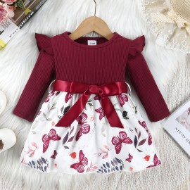 Baby Girls Cute Butterfly Graphic Print Ruffled Sleeve Belted Dress, Kids Summer Comfortable Clothes