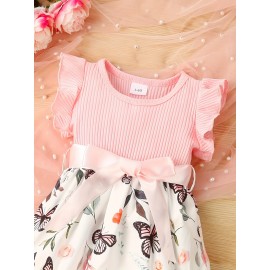 Baby Girls Cute Butterfly Graphic Print Ruffled Sleeve Belted Dress, Kids Summer Comfortable Clothes