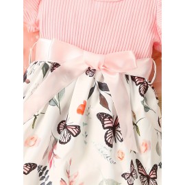 Baby Girls Cute Butterfly Graphic Print Ruffled Sleeve Belted Dress, Kids Summer Comfortable Clothes