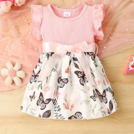 Baby Girls Cute Butterfly Graphic Print Ruffled Sleeve Belted Dress, Kids Summer Comfortable Clothes